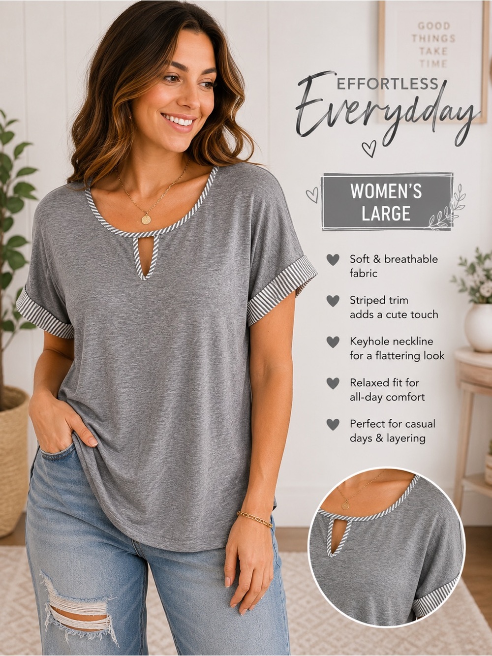 PerSeption Concept Gray Short-Sleeve Keyhole Tee with Striped Trim LARGE